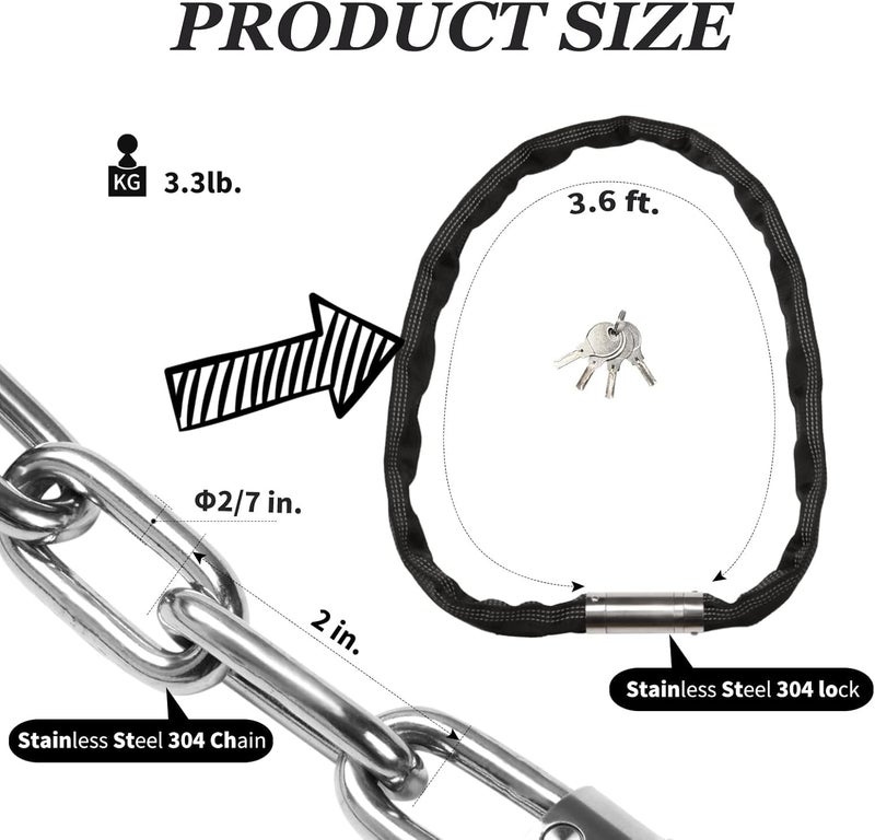FIGODE 2 Pcs Stainless Steel Chain Locks with 6 Same Keys, Rustproof Lock and Chain, Marine Grade Lock for Bike, Moto, Scooter, Boat, Truck and Door. Anti-Theft – 110 CM Long Chain - Image 3